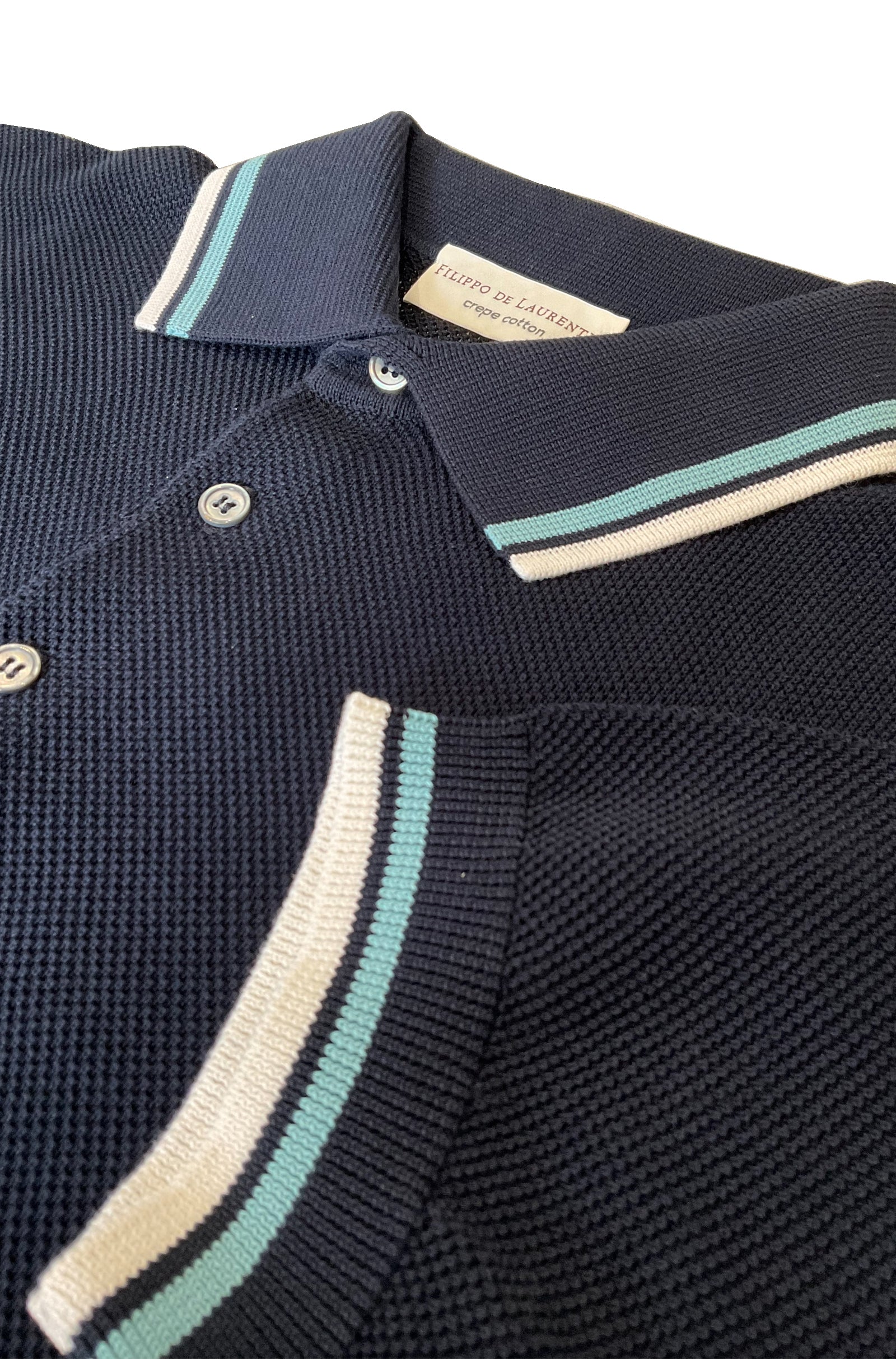 FILIPPO DE LAURENTIIS - Navy Knitted Polo Shirt in Lightweight Crepe Cotton With Trim Detail