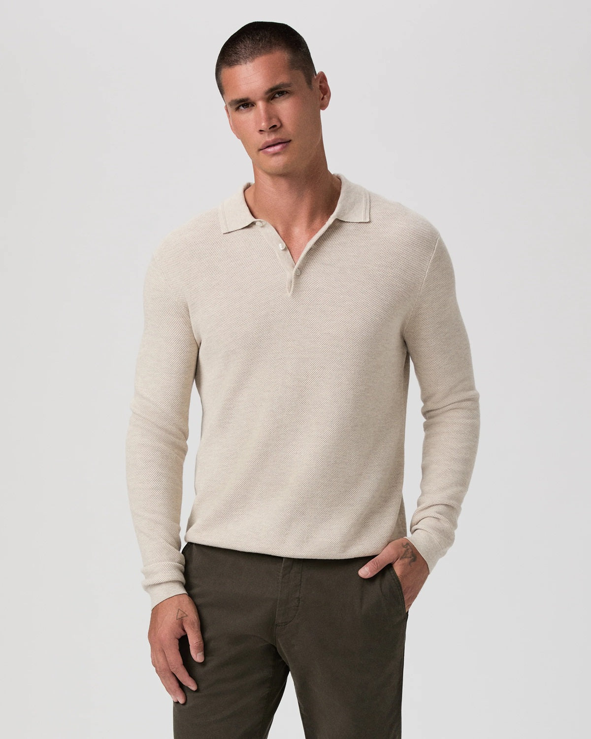 PAIGE - SELWYN Long Sleeve Sweater Polo In CANVAS M369P15-5910