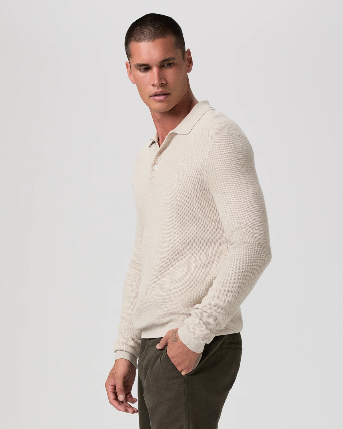 PAIGE - SELWYN Long Sleeve Sweater Polo In CANVAS M369P15-5910