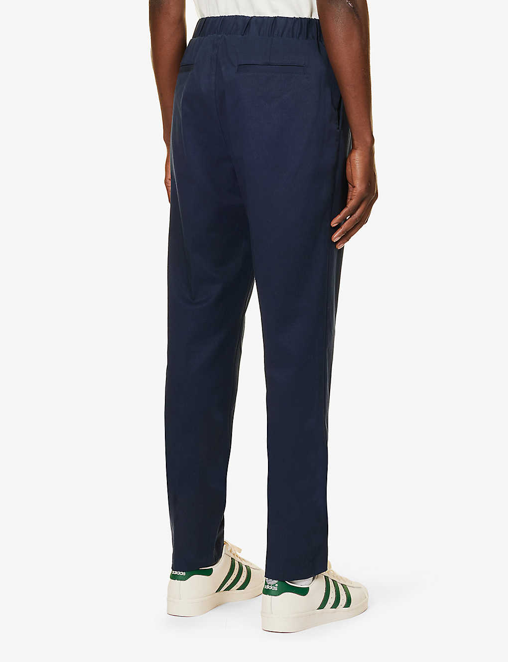 PAIGE - SNIDER PAIGE Elasticated Waistband Tapered Leg Stretch Trousers in Dark Horizon Blue