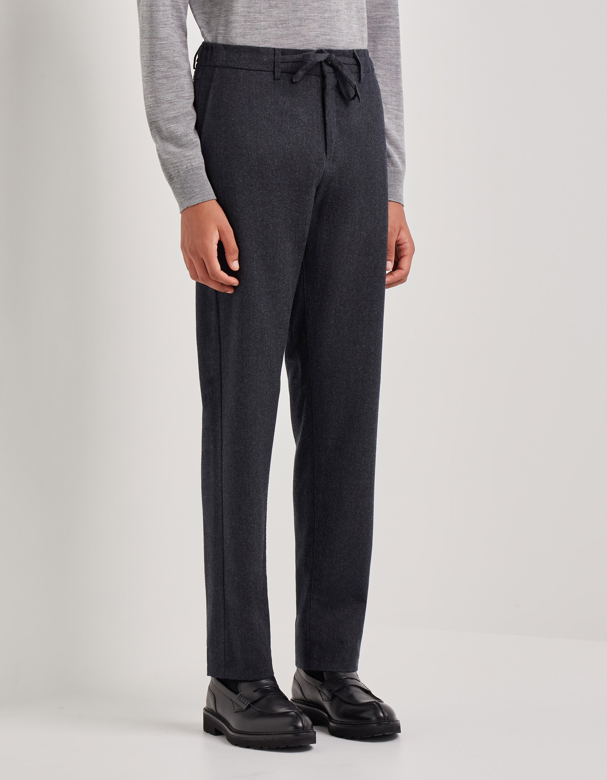 CANALI - Impeccabile Charcoal Grey Wool Flannel Drawstring Chino Trousers