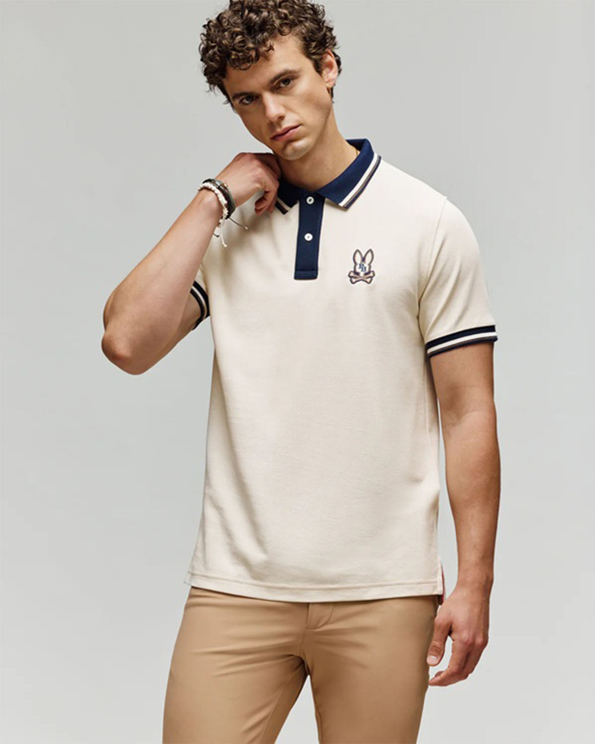 PSYCHO BUNNY - WADE Cotton Pique Polo Shirt in WHITE CAP GREY