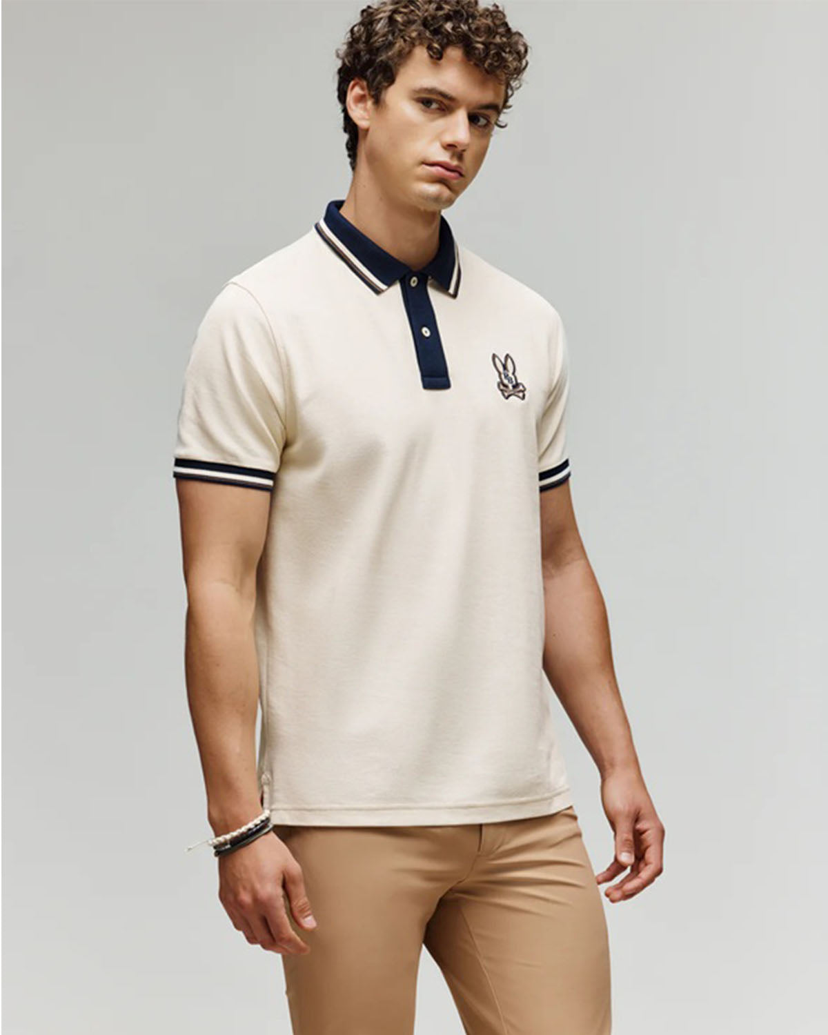 PSYCHO BUNNY - WADE Cotton Pique Polo Shirt in WHITE CAP GREY