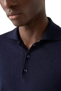 ETON - Cotton and Cashmere Knitted Long Sleeve Polo in Navy Blue 10001294928