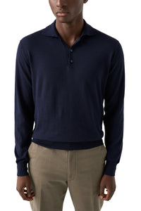 ETON - Cotton and Cashmere Knitted Long Sleeve Polo in Navy Blue 10001294928