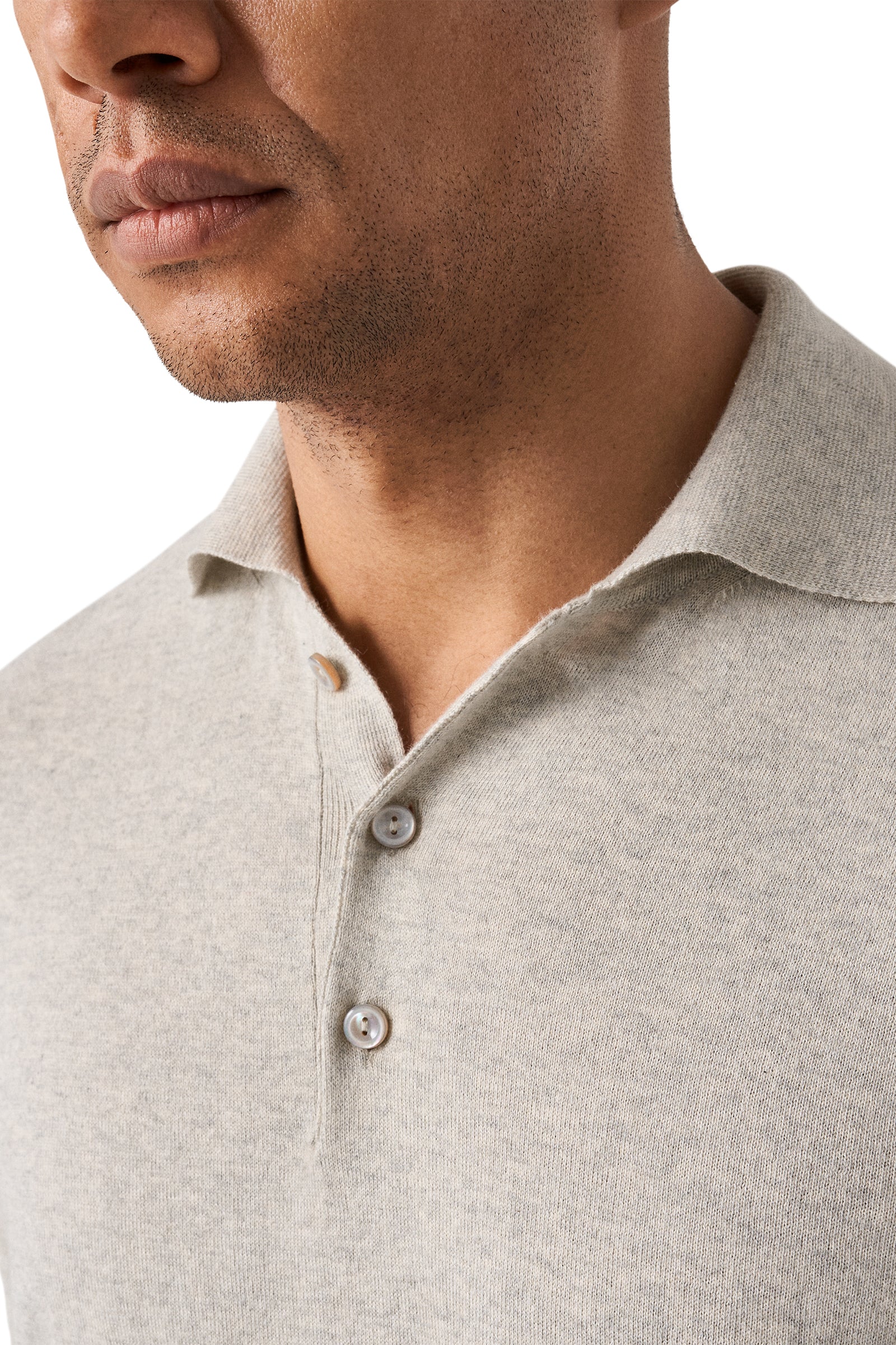 ETON - Cotton and Cashmere Knitted Long Sleeve Polo in Beige 10001294932