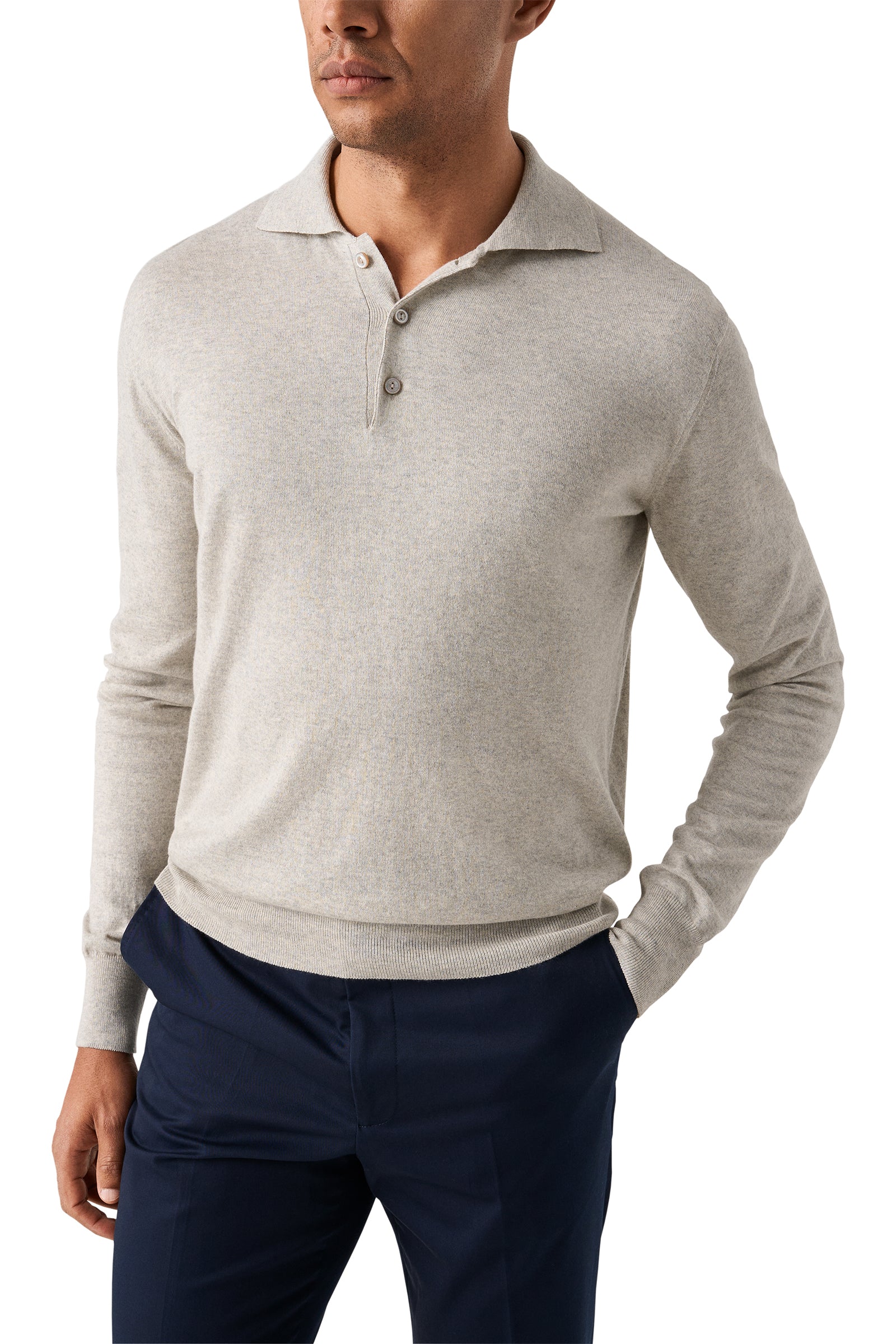 ETON - Cotton and Cashmere Knitted Long Sleeve Polo in Beige 10001294932