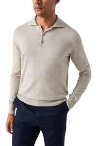 ETON - Cotton and Cashmere Knitted Long Sleeve Polo in Beige 10001294932