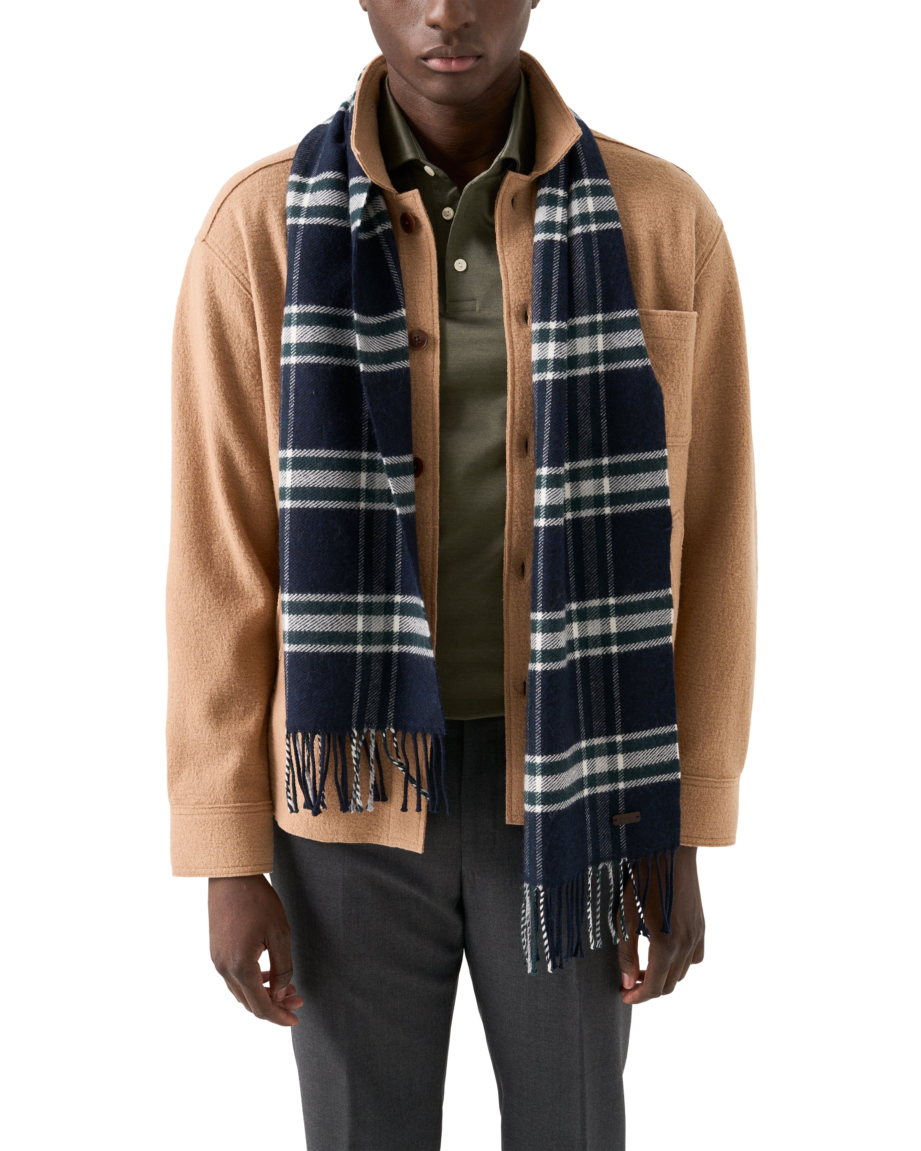 ETON - Plaid Merino Wool Scarf in Navy Blue 10001386228