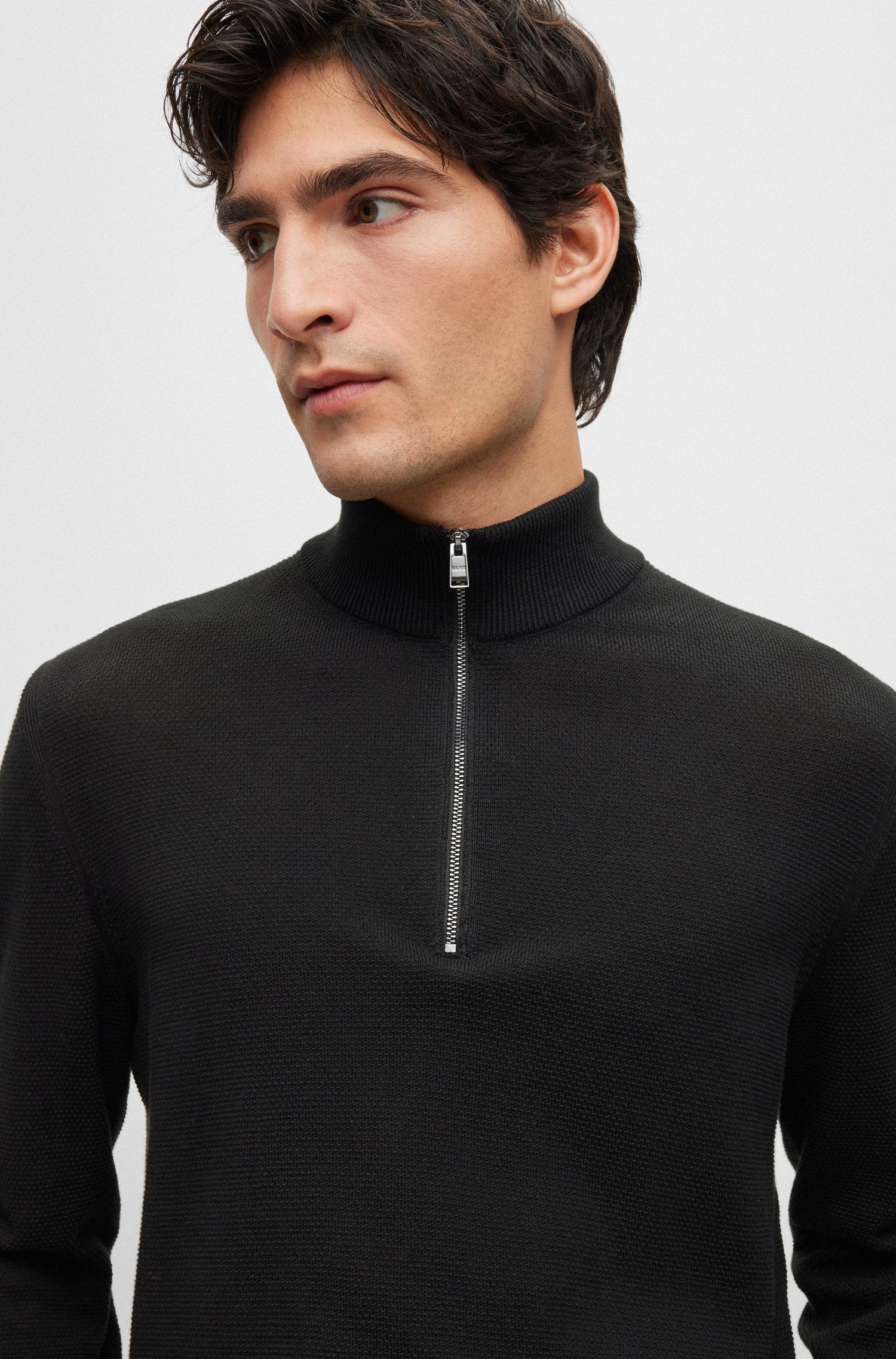 BOSS - EBRANDO Black Textured Cotton Quarter Zip Sweater 50505997 001