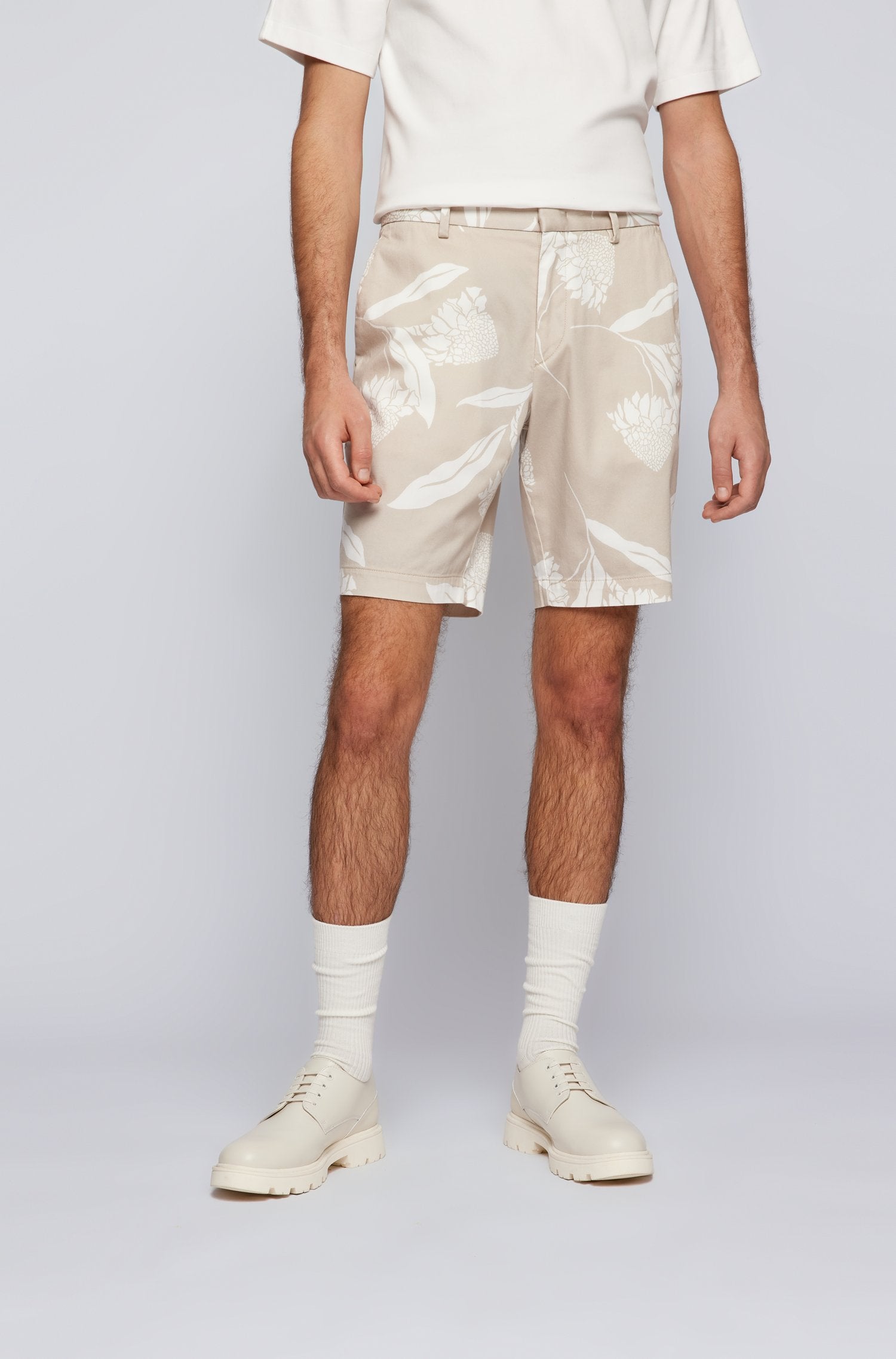 BOSS - SLICE-SHORT2 Medium Beige Seasonal Print Slim Fit Shorts in Stretch Cotton 50468194 272