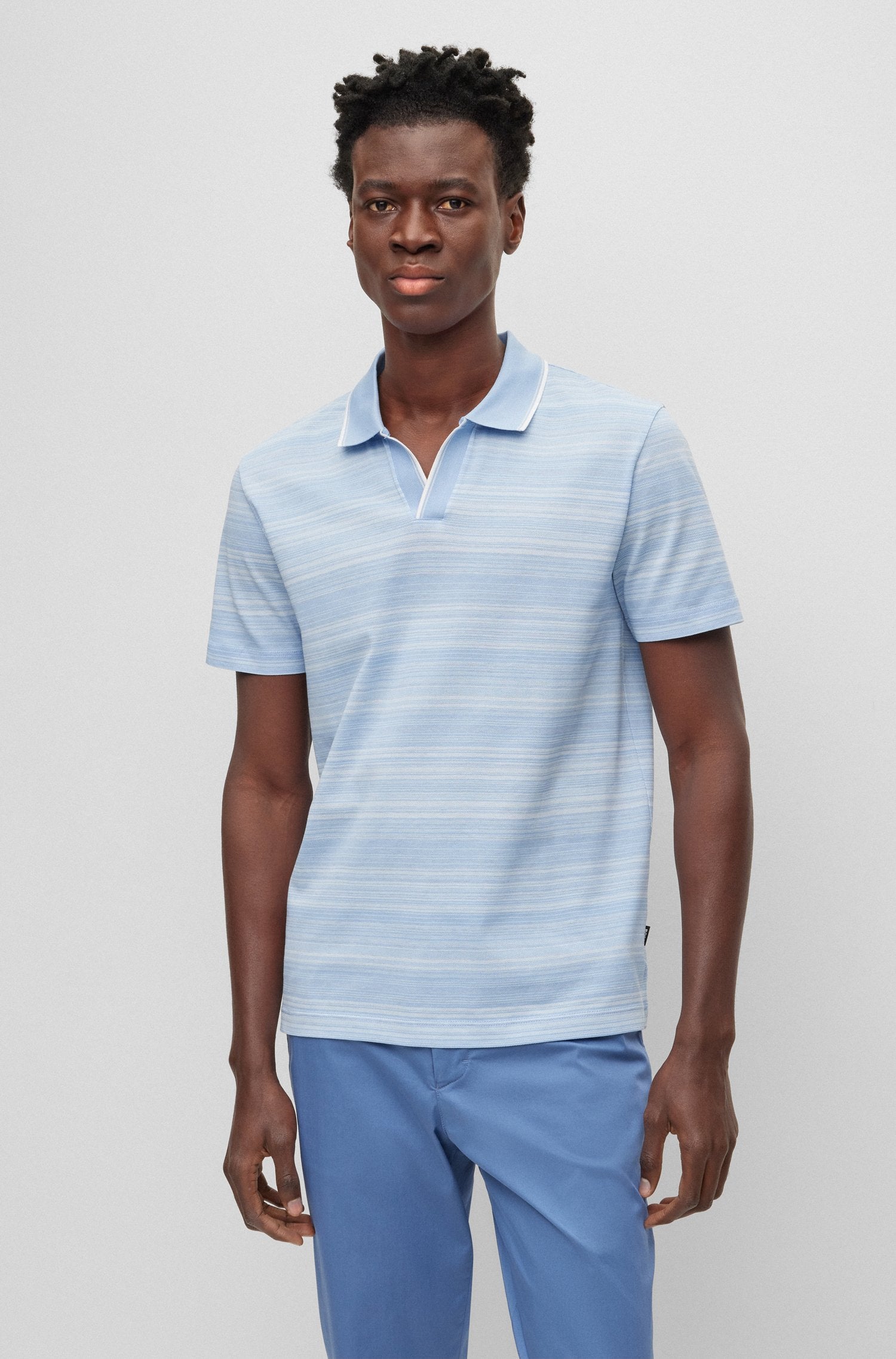 BOSS - PYE 16 - Open Blue Multi Toned Polo Shirt In Mercerised Cotton