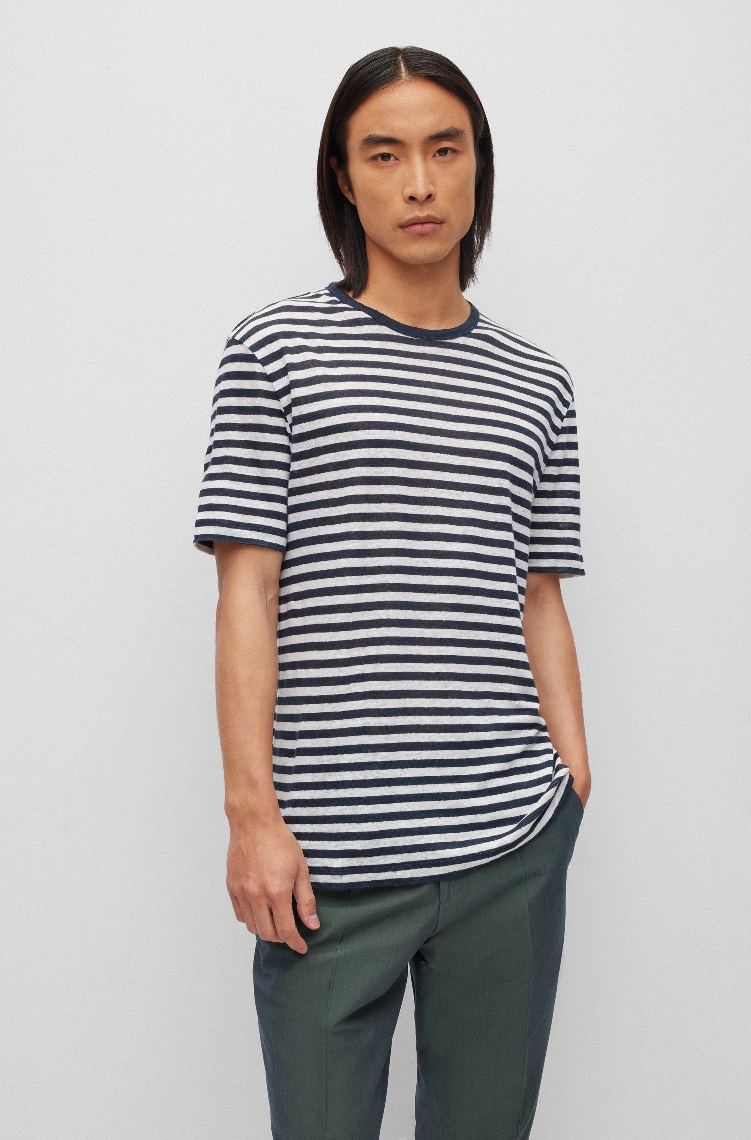 BOSS - TIBURT 350 Dark Blue Horizontal Striped T-Shirt In Pure Linen 50486232 405