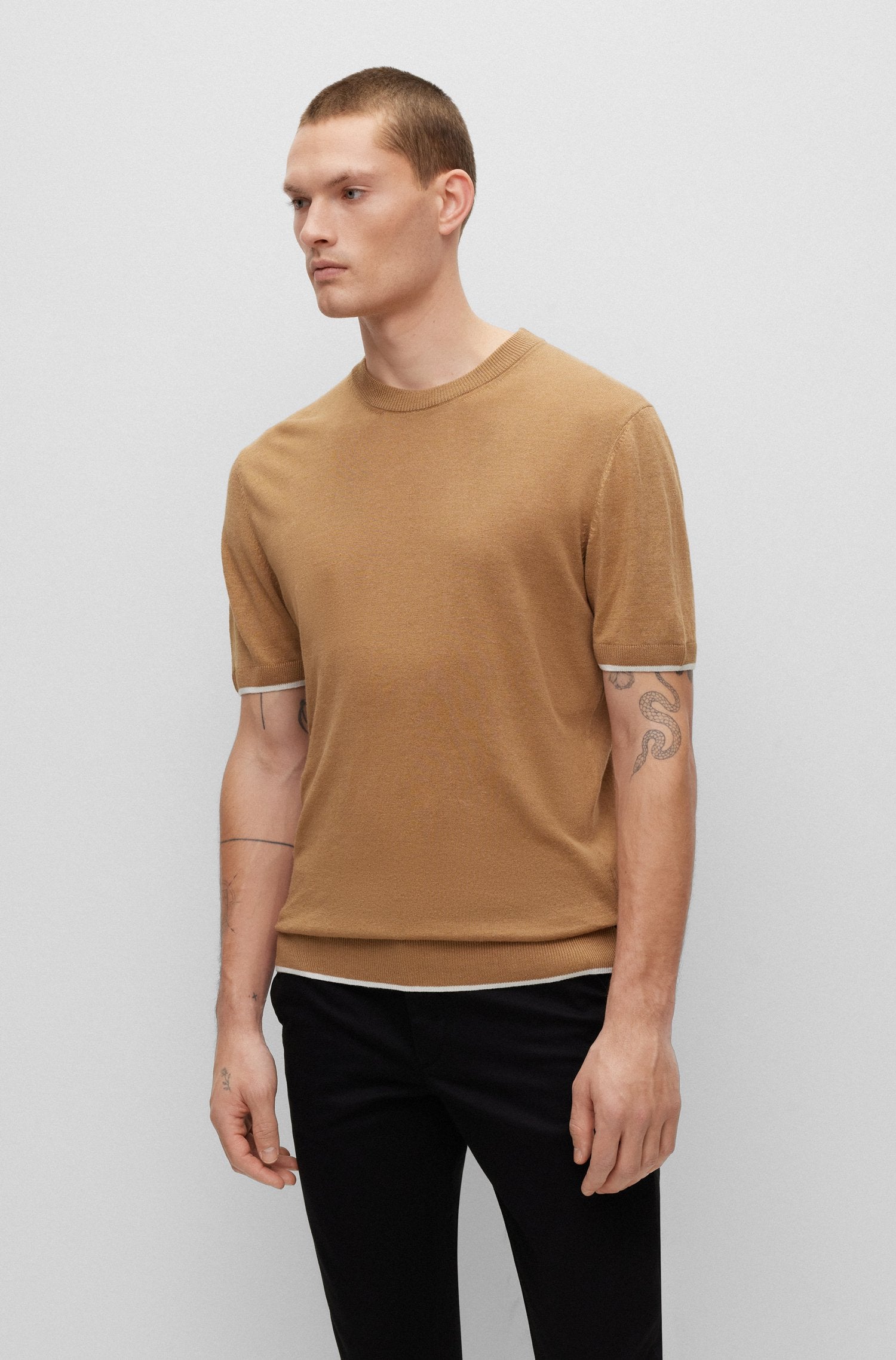 BOSS - GIACCO Medium Beige Linen Blend Knitted T-Shirt 50486728 260