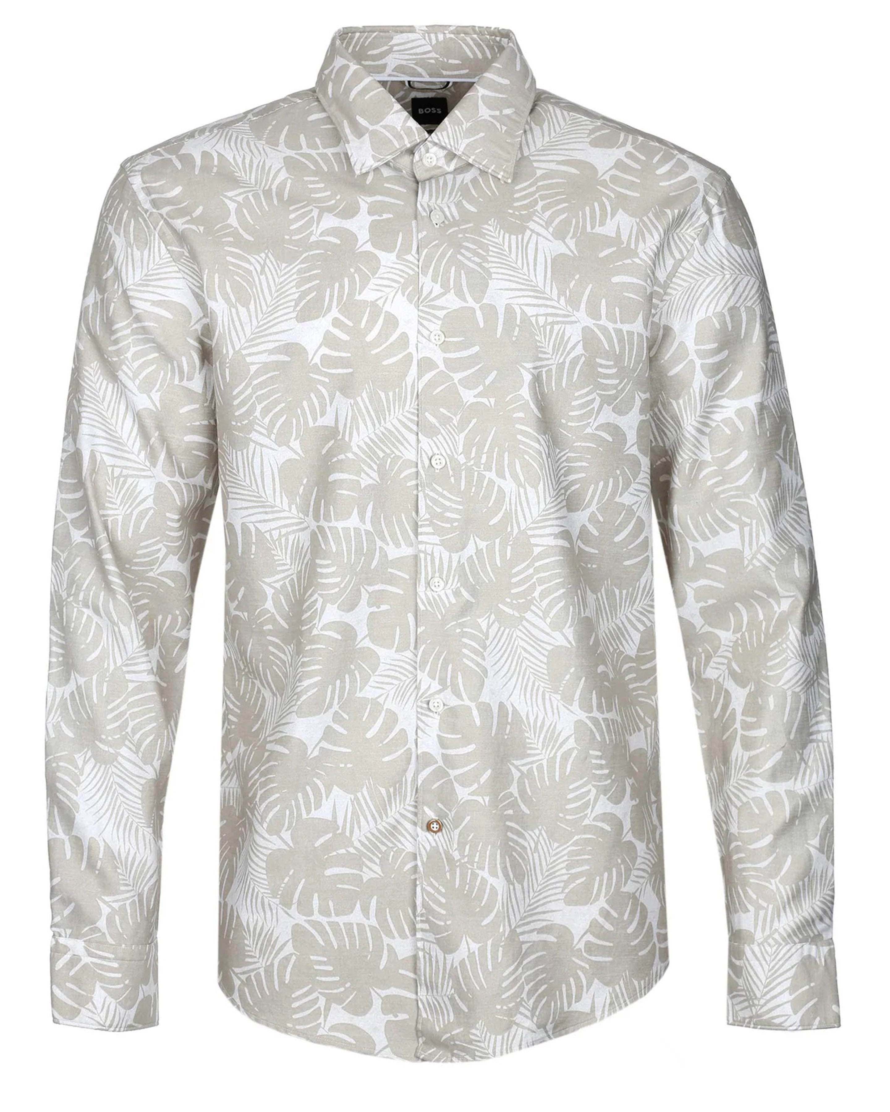 BOSS - C-HAL-KENT-C1-223 Light Beige SLIM FIT Cotton and Linen Blend Leaf Print Shirt 50490445 271