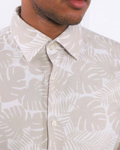 BOSS - C-HAL-KENT-C1-223 Light Beige SLIM FIT Cotton and Linen Blend Leaf Print Shirt 50490445 271