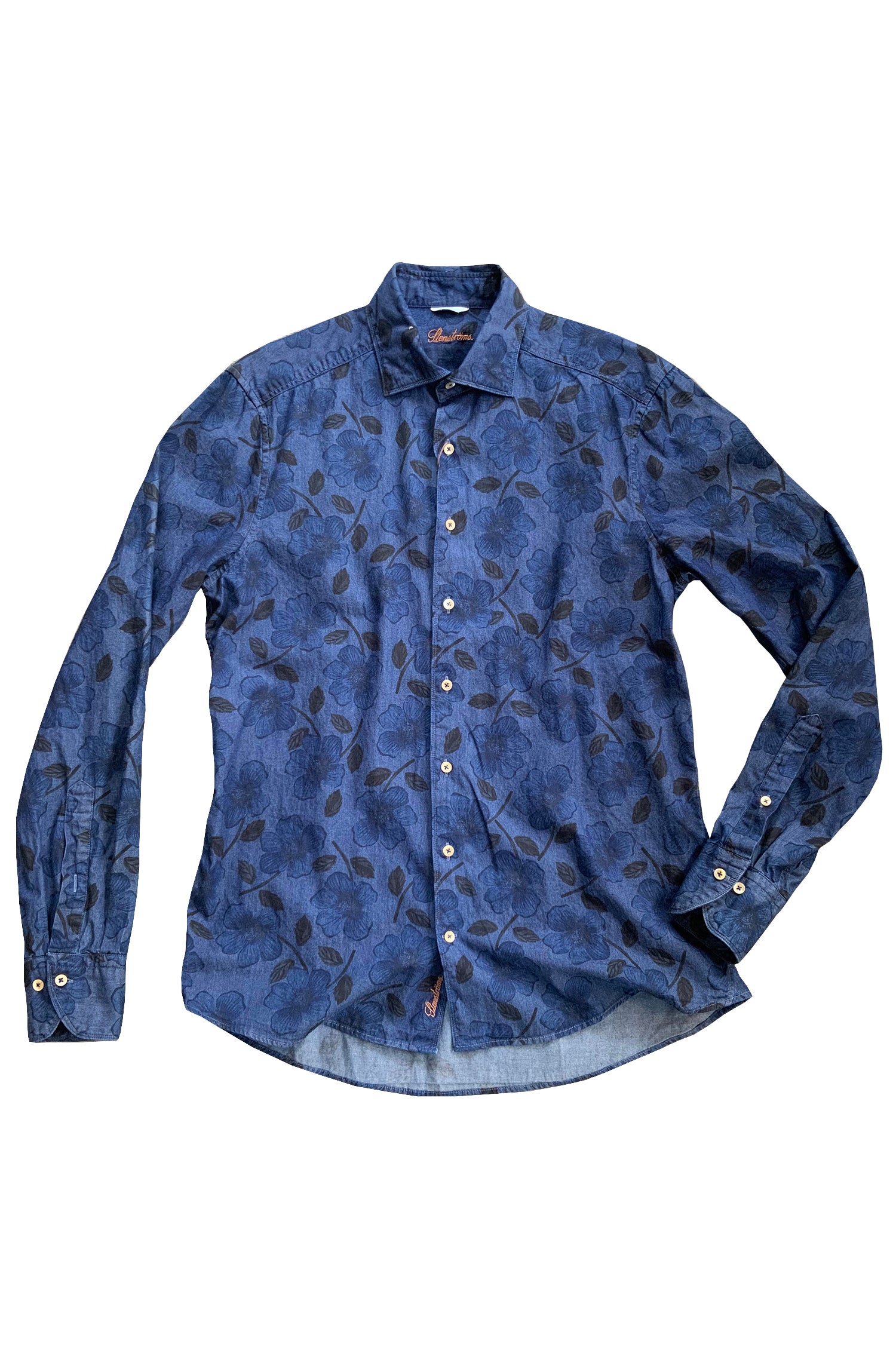 STENSTROMS - SLIMLINE Dark Blue Casual Floral Patterned Shirt 7747218497811