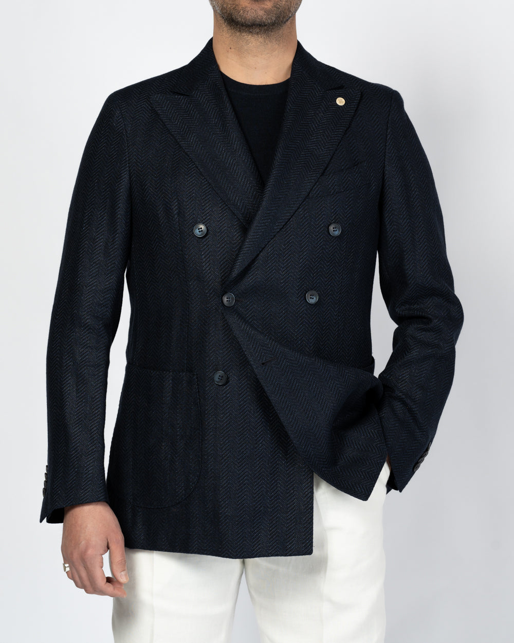 CAVALIERE - BEAU Dark Blue Double Breasted Linen and Wool Jaacket