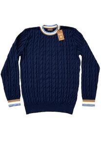 STENSTROMS - Navy Blue Merino Wool Cable Knit Crew Neck With Trim Detail 4201411355190